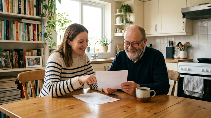 Eine erwachsene Tochter und ihr älterer Vater sitzen am Küchentisch und besprechen entspannt Dokumente. Eine Tasse Kaffee steht bereit, positive und erleichterte Gesichtsausdrücke, aufgeräumte häusliche Umgebung.