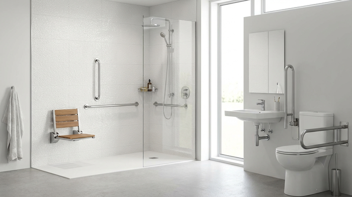 Ein modernes, barrierefreies Badezimmer für Senioren mit einer bodengleichen, geräumigen Dusche, Haltegriffen an den Wänden und einem klappbaren Duschsitz. Helle Fliesen, sauberes und sicheres Design, ohne Text.