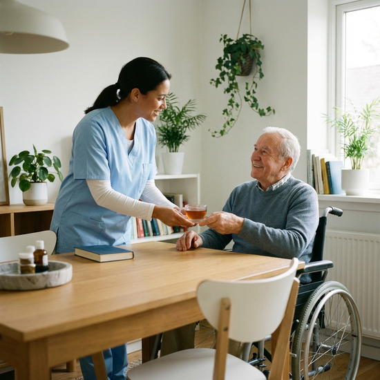 Eine freundliche Pflegekraft in hellblauer Berufskleidung reicht einem lächelnden Senior am Esstisch eine Tasse Tee. Respektvolle Interaktion, realistisch, sauberes und wohnliches Umfeld.
