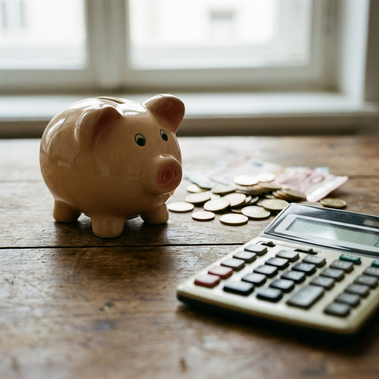 Ein klassisches Sparschwein auf einem Holztisch, daneben liegen unscharfe Münzen und ein Taschenrechner. Metapher für Finanzen und Zuschüsse, fotorealistisch, ohne Text.