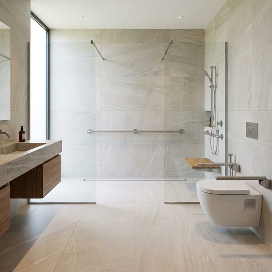 Ein elegantes, barrierefreies Badezimmer mit einer ebenerdigen Dusche und dezenten Haltegriffen, hell gefliest, sehr sauber und modern eingerichtet. Keine Labels oder Texte.