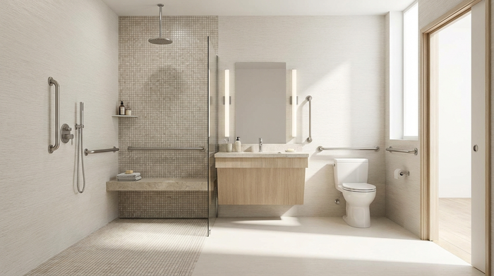 Ein modern renoviertes, barrierefreies Badezimmer mit einer großzügigen, bodengleichen Dusche, rutschfesten Fliesen und eleganten Haltegriffen an den hellen Wänden.