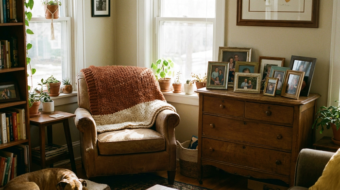 Ein liebevoll eingerichtetes Zimmer mit einem bequemen Sessel, einer warmen Kuscheldecke, einigen gerahmten Familienfotos auf einer Kommode und weichem Sonnenlicht, das durch das Fenster fällt.