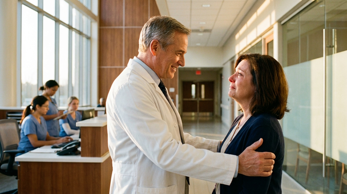 Ein freundlicher Arzt in weißem Kittel spricht beruhigend mit einer besorgten Angehörigen auf dem hellen Flur eines modernen Krankenhauses. Im Hintergrund sieht man unscharf Schwestern am Empfang. Realistische, klare Fotografie, warme Beleuchtung.