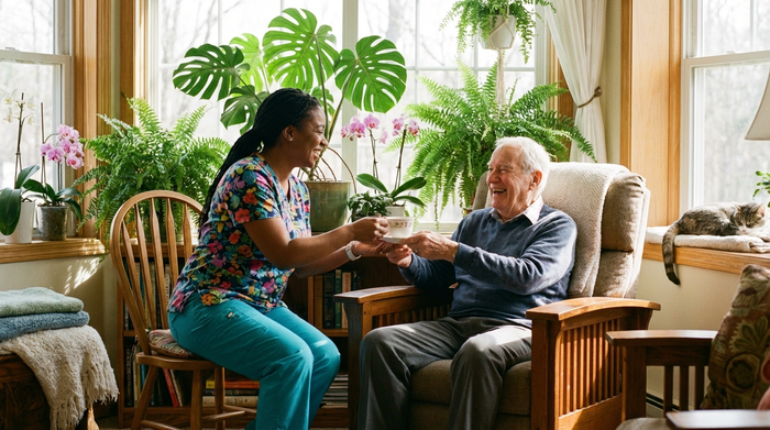 Eine liebevolle Pflegekraft reicht einem lächelnden Senior eine Tasse Tee in einem gemütlich und hell eingerichteten Zimmer einer Kurzzeitpflegeeinrichtung. Schöne Grünpflanzen am Fenster, sonnige und friedliche Stimmung.