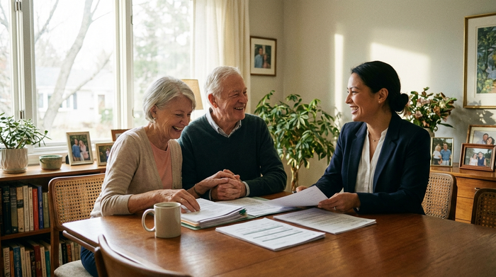 Ein älteres Ehepaar sitzt am heimischen Esstisch und sortiert gemeinsam mit einem lächelnden Berater übersichtlich angeordnete Dokumente. Eine Tasse Kaffee steht auf dem Tisch. Vertrauensvolle und entspannte Atmosphäre, helles Tageslicht.