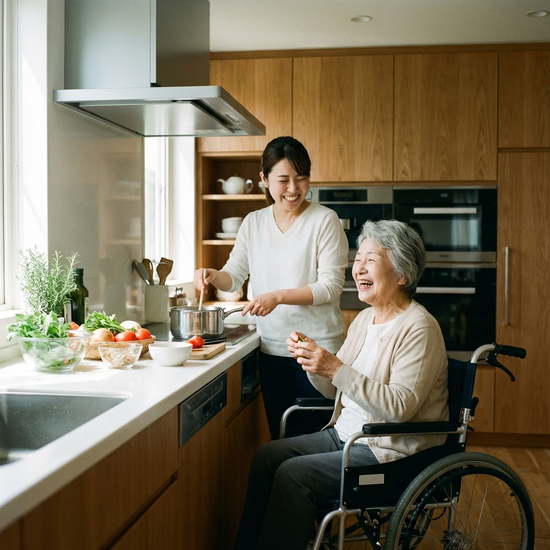 Eine engagierte Betreuungskraft und eine glückliche Seniorin kochen gemeinsam in einer modernen, barrierefreien Küche. Frisches Gemüse liegt auf der Arbeitsplatte. Lachende Gesichter, harmonisches Miteinander.