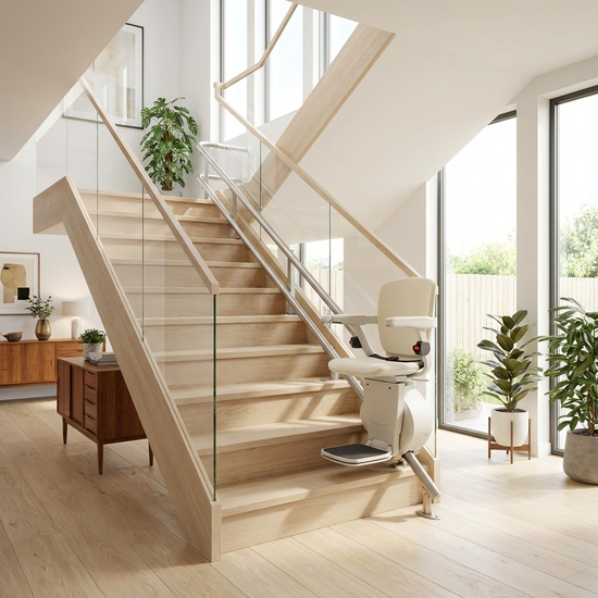 Ein eleganter, moderner Treppenlift ist an einer hellen Holztreppe in einem gepflegten Einfamilienhaus montiert. Die Szene ist menschenleer, aufgeräumt und lichtdurchflutet. Fokus auf Sicherheit und Barrierefreiheit.