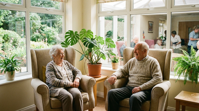 Zwei ältere Menschen sitzen in gemütlichen Sesseln in einem hellen Ruheraum einer Pflegeeinrichtung und unterhalten sich fröhlich. Große Fenster im Hintergrund lassen viel Tageslicht herein, grüne Pflanzen sorgen für ein wohnliches Ambiente.