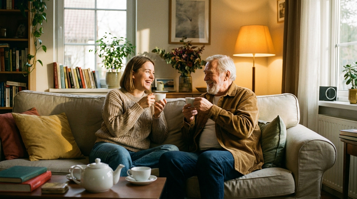 Eine erwachsene Tochter und ihr älterer Vater sitzen entspannt auf einem Sofa im heimischen Wohnzimmer und trinken Tee. Beide wirken gelöst und glücklich. Schöne, aufgeräumte häusliche Umgebung mit warmem Licht.