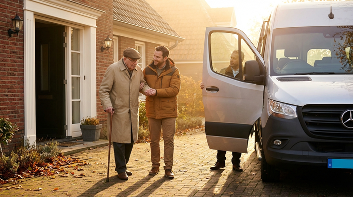 Ein fürsorglicher Pfleger stützt einen älteren Herrn mit Gehstock auf dem Weg von der Haustür zum wartenden Transportfahrzeug. Warme morgendliche Beleuchtung.