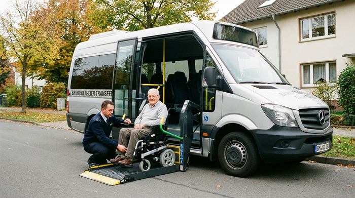 Ein barrierefreier Kleinbus mit ausgefahrener hydraulischer Hebebühne. Ein Fahrer sichert routiniert einen Senioren im Rollstuhl für den Transport. Fokussierte und sichere Umgebung.