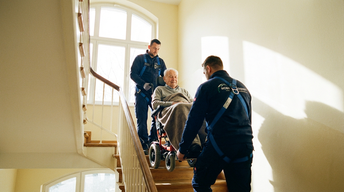 Zwei professionelle Transporthelfer tragen einen Senioren in einem speziellen Tragestuhl sicher ein helles Treppenhaus hinab. Ruhige und konzentrierte Stimmung.