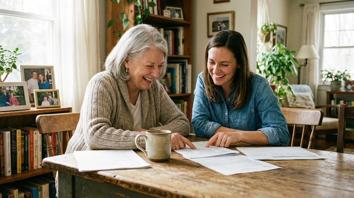 Eine ältere Frau sitzt gemeinsam mit ihrer Tochter am Esstisch und bespricht lächelnd Dokumente. Eine Kaffeetasse steht auf dem Tisch, gemütliche Wohnatmosphäre.