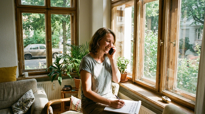 Eine Tochter telefoniert lächelnd mit dem Smartphone am Fenster ihres Wohnzimmers, während sie die Abholzeiten für ihren Vater organisiert. Helles Tageslicht.