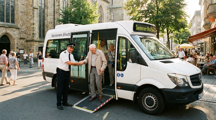 Ein komfortabler weißer Kleinbus für Senioren steht in einer sonnigen Straße. Ein freundlicher Fahrer hilft einem älteren Herrn mit Gehstock behutsam beim Einstieg. Realistische, alltägliche Szene, klare Umgebung ohne Text.