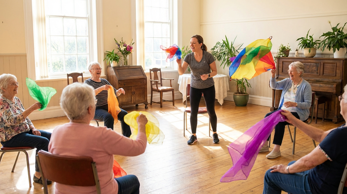 Eine kleine Gruppe von fröhlichen Senioren sitzt in einem Stuhlkreis in einem lichtdurchfluteten Raum und macht leichte Gymnastikübungen mit bunten Schwungtüchern. Eine engagierte Betreuerin macht die Bewegungen motivierend vor.
