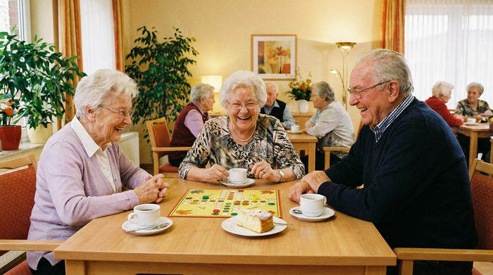 Zwei ältere Damen und ein Herr sitzen an einem Holztisch und spielen begeistert ein Brettspiel. Auf dem Tisch stehen Kaffeetassen und ein Teller mit Kuchen. Gemütliche, soziale Atmosphäre in einer Betreuungseinrichtung.