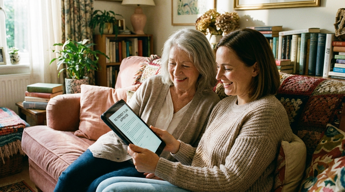 Eine ältere Frau und ihre erwachsene Tochter sitzen entspannt auf einem gemütlichen Sofa und schauen lächelnd auf ein Tablet. Sie wirken erleichtert und gut informiert. Helles Wohnzimmer, harmonische Stimmung.
