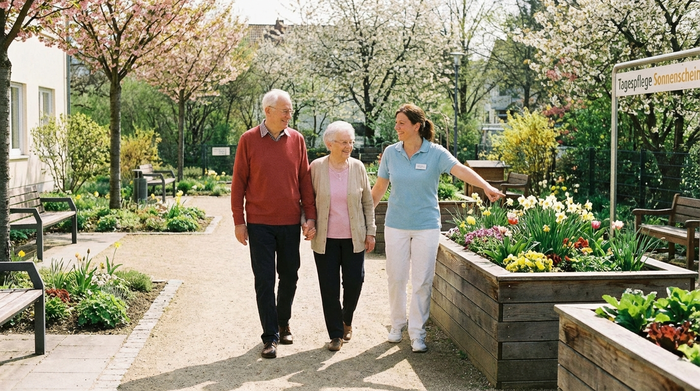Ein älteres Ehepaar geht gemeinsam mit einer freundlichen Einrichtungsleiterin durch einen gepflegten, barrierefreien Garten einer Tagespflege. Die Leiterin zeigt erklärend auf ein bepflanztes Hochbeet. Frühlingshaftes Wetter, positive Stimmung.