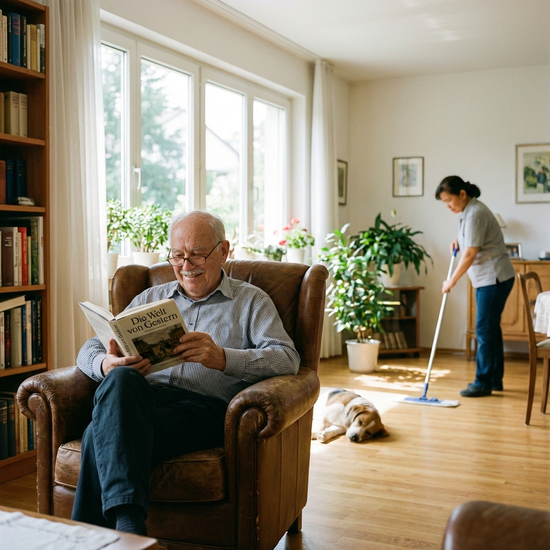 Ein älterer Herr sitzt entspannt in seinem Sessel im Wohnzimmer und liest ein Buch, während im Hintergrund eine Reinigungskraft leise den Boden wischt. Helles Tageslicht, ordentliche Umgebung, realistische Szene.