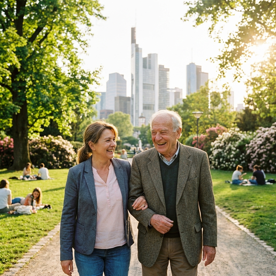 Eine Pflegerin und ein Senior gehen gemeinsam durch einen sonnigen Park in Frankfurt, sie stützen sich leicht ab und lachen. Grüne Bäume, entspannte Atmosphäre im Freien.