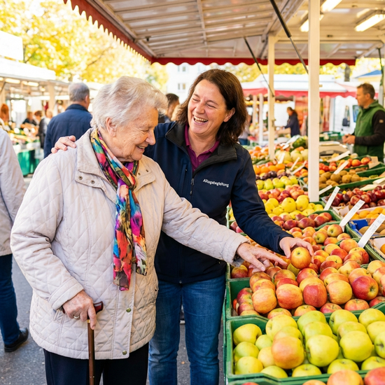 Eine ältere Dame steht mit einer freundlichen Alltagsbegleiterin an einem Obststand auf einem belebten Wochenmarkt. Sie wählen gemeinsam frische Äpfel aus. Bunte Farben, lebendige Szene.