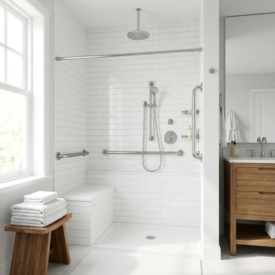 Ein strahlend sauber geputztes, helles Badezimmer mit einer barrierefreien Dusche und Haltegriffen. Frische weiße Handtücher liegen bereit. Realistische, saubere Wohnumgebung ohne Personen.