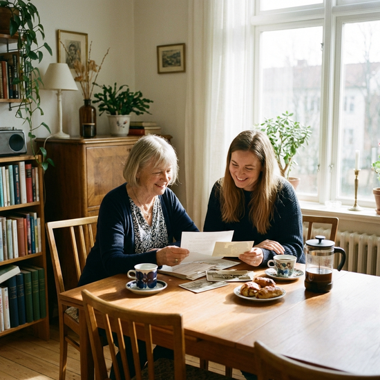 Eine Seniorin und ihre Tochter sitzen gemeinsam an einem hellen Esstisch und schauen sich lächelnd Papiere an. Kaffeetassen auf dem Tisch, gemütliche und vertraute Atmosphäre.