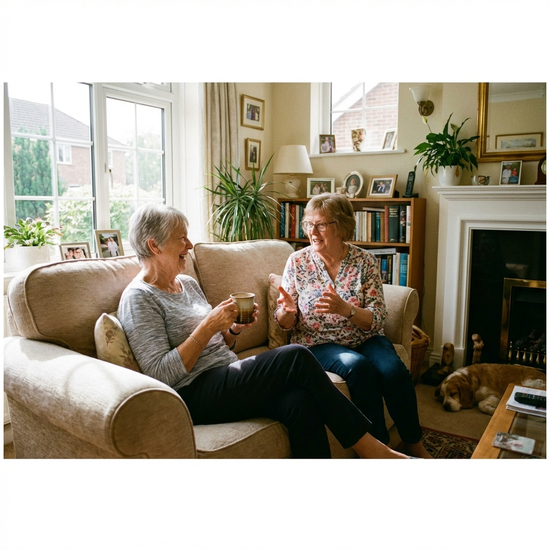 Zwei ältere Frauen sitzen gemütlich auf einem Sofa, trinken Kaffee und unterhalten sich angeregt. Helles Wohnzimmer, freundliche nachbarschaftliche Atmosphäre.