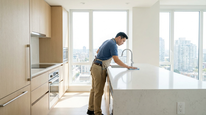 Eine ordentliche, saubere Küche in einer modernen Wohnung. Eine Reinigungskraft in unauffälliger Arbeitskleidung wischt mit einem Tuch sorgfältig die glänzende Arbeitsplatte ab. Helles Tageslicht, aufgeräumte Umgebung.