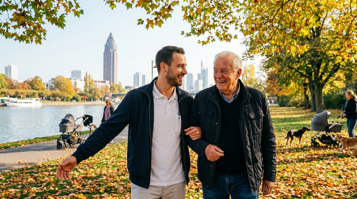 Ein geduldiger, männlicher Alltagsbegleiter stützt einen älteren Herrn beim gemütlichen Spaziergang durch einen grünen Park in Frankfurt. Beide lächeln und unterhalten sich angeregt. Sonniges Herbstwetter, bunte Blätter.