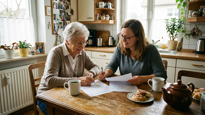 Eine ältere Dame sitzt mit ihrer erwachsenen Tochter am Küchentisch und füllt gemeinsam wichtige Dokumente für die Pflegeversicherung aus. Konzentrierte, aber entspannte Stimmung, Kaffeetassen auf dem Holztisch.