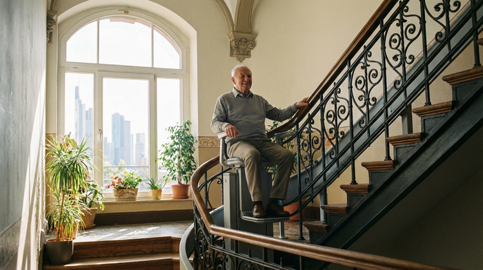 Ein moderner, unauffälliger Treppenlift in einem gepflegten Treppenhaus eines Frankfurter Altbaus. Ein älterer Herr fährt sicher und entspannt die Stufen hinauf, während er sich am Griff festhält.