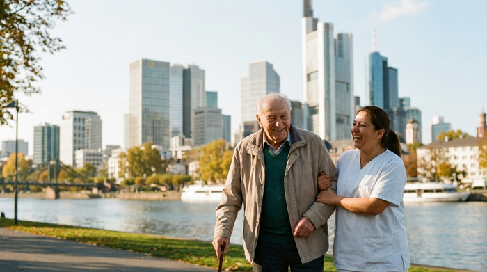 Ein älterer Herr spaziert an einem sonnigen Nachmittag entspannt mit seiner Betreuerin am Frankfurter Mainufer. Im Hintergrund ist leicht verschwommen die Skyline zu erahnen. Beide wirken glücklich und vertraut. Natürliches Licht, realistische Szene ohne Schriftzüge.