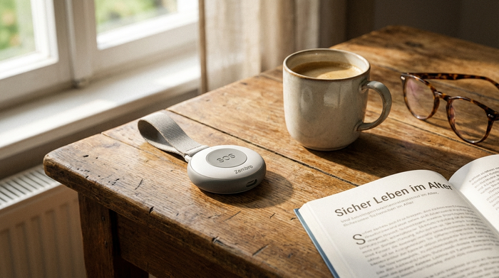 Ein moderner, unauffälliger Hausnotruf-Knopf liegt auf einem Holztisch neben einer Tasse Kaffee und einer Lesebrille. Helle Beleuchtung, Fokus auf Sicherheit im Alter, sehr realistisch und detailreich dargestellt.