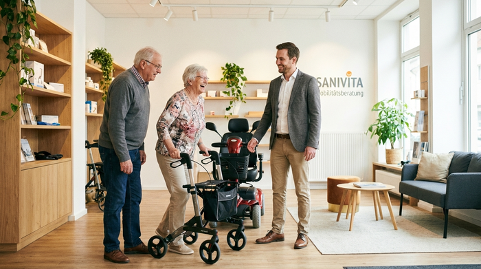 Ein freundlicher, professioneller Berater in einem hellen Sanitätshaus zeigt einem älteren Ehepaar verschiedene Mobilitätshilfen. Der Raum ist sauber, gut beleuchtet und modern eingerichtet, mit Fokus auf Empathie und kompetente Beratung.