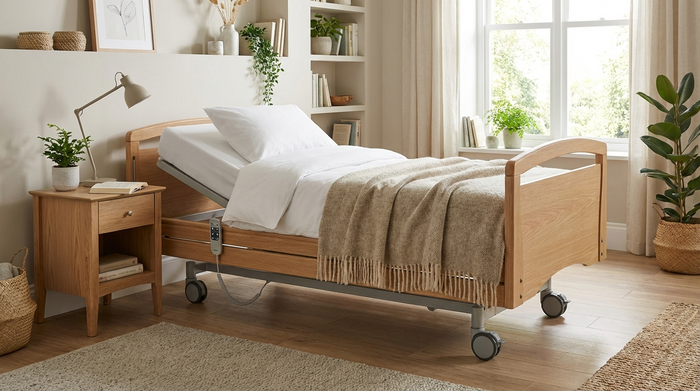 Ein modernes, elektrisches Pflegebett aus hellem Holz in einem gemütlichen, gut beleuchteten Schlafzimmer. Das Bett ist ordentlich gemacht mit weißen Laken und einer warmen Decke. Ein kleiner Nachttisch mit einer Leselampe steht daneben.