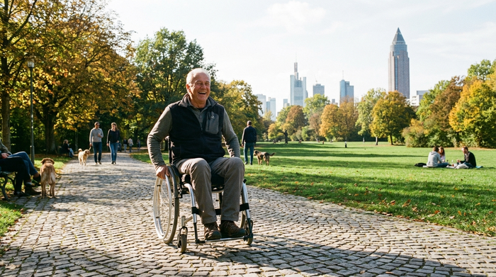 Ein aktiver Senior fährt mit einem modernen, leichten Aluminium-Rollstuhl über einen gepflasterten Weg in einem sonnigen Park in Frankfurt. Bäume und grüne Wiesen säumen den Weg, die Stimmung ist fröhlich und unabhängig.