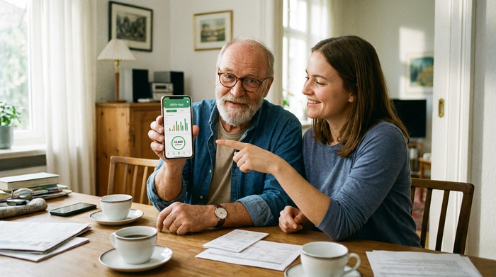 Ein älterer Mann sitzt am Esstisch und hält stolz sein Smartphone in der Hand, auf dem eine Gesundheits-App geöffnet ist. Eine junge Frau, seine Tochter, sitzt lächelnd daneben und unterstützt ihn bei der digitalen Organisation.
