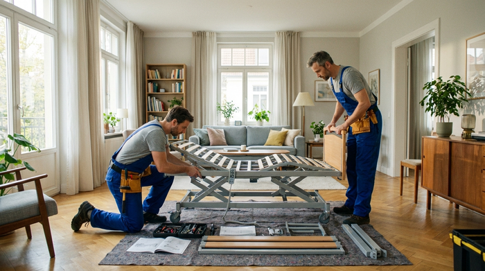 Zwei handwerklich gekleidete Techniker bauen sorgfältig ein medizinisches Pflegebett in einem geräumigen Wohnzimmer auf. Sie arbeiten konzentriert und professionell. Der Raum ist sauber und einladend.