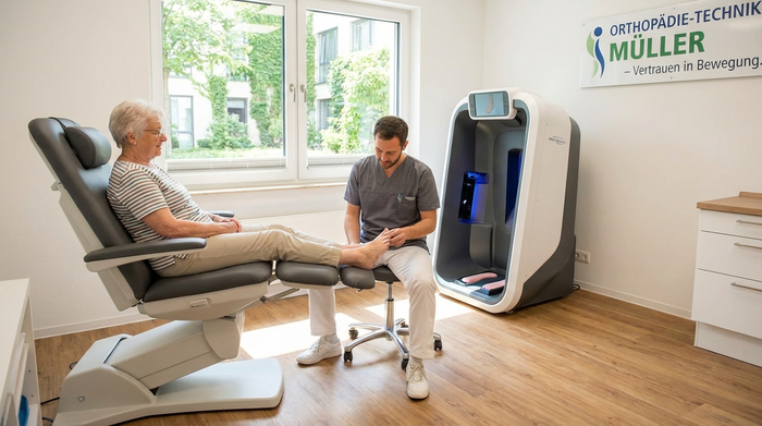 Ein moderner, sauberer Behandlungsraum in einem Sanitätshaus. Ein Orthopädietechniker untersucht behutsam den Fuß eines älteren Patienten. Im Hintergrund ist ein modernes 3D-Scan-Gerät zu erkennen. Professionelle, vertrauensvolle Atmosphäre.