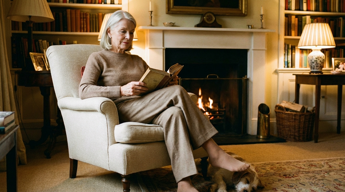 Eine elegante ältere Dame sitzt entspannt in einem Sessel und liest ein Buch. Sie trägt unauffällige, hautfarbene Kompressionsstrümpfe, die wie normale Feinstrumpfhosen aussehen. Gemütliches Wohnzimmer, warmes Licht.