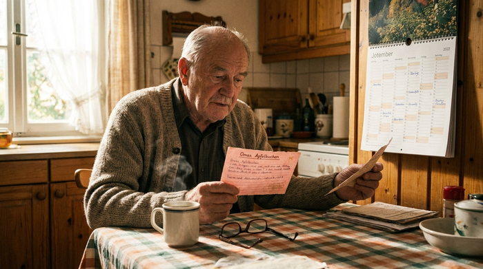 Ein älterer Mann sitzt an einem gemütlichen Küchentisch und betrachtet nachdenklich ein rosafarbenes Rezeptdokument und einen aufgeschlagenen Kalender. Eine dampfende Tasse Kaffee steht daneben. Helle, warme Wohnatmosphäre mit Tageslicht.