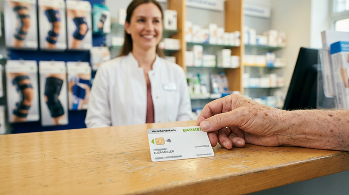 Eine detaillierte Nahaufnahme in einem Sanitätshaus: Eine ältere Hand legt eine Plastikkarte auf einen hellen Holztresen. Im Hintergrund steht unscharf eine lächelnde Mitarbeiterin. Sauberes, professionelles und medizinisches Umfeld.