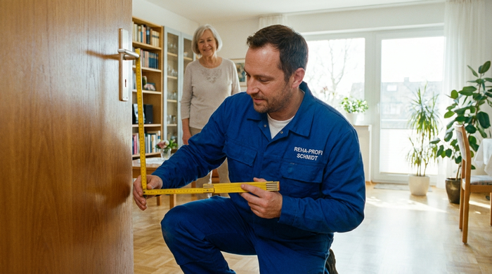Ein freundlicher Reha-Techniker in blauer Arbeitskleidung misst mit einem gelben Zollstock konzentriert die Breite einer Wohnungstür aus. Eine ältere Dame steht im Hintergrund und schaut entspannt zu. Helles, aufgeräumtes Wohnzimmer.