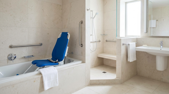 Ein modernes, barrierefreies Badezimmer mit großen, hellen Fliesen. In der weißen Badewanne ist ein ergonomischer, blauer Badewannenlift sicher installiert. Ein frisches, weißes Handtuch liegt ordentlich gefaltet auf dem Wannenrand.