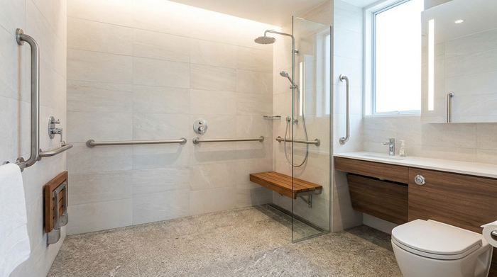 Ein modern umgebautes, barrierefreies Badezimmer für Senioren mit einer geräumigen, bodengleichen Dusche, stabilen Haltegriffen an den hellen Fliesen und einem rutschfesten Boden. Hochwertige, saubere Ausstattung.