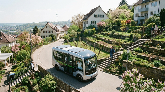 Ein modernes Pflegefahrzeug fährt an einem sonnigen Morgen durch ein hügeliges Wohngebiet in Stuttgart mit typischen Treppenanlagen und viel Grün.