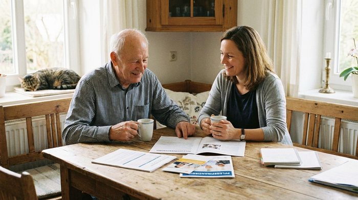 Ein älterer Herr und seine erwachsene Tochter sitzen an einem Holztisch, betrachten entspannt Dokumente und besprechen bei einer Tasse Kaffee die Pflegefinanzierung.
